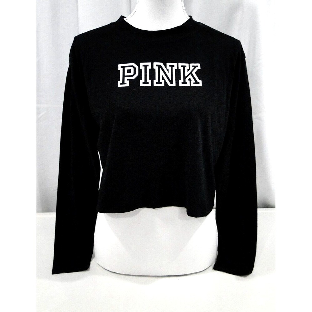 Victorias Secret PINK Long Sleeve Crop Top Shirt Black White Logo XSMALL
